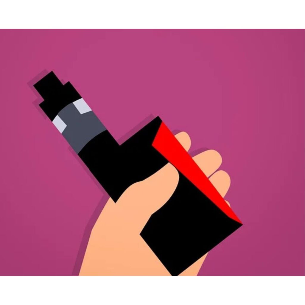 Illustration of hand holding an electronic cigarette. 