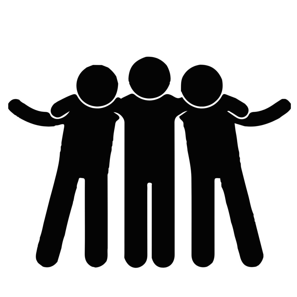 Illustration of people-shaped figures having their arms wrapped around each other, standing up.